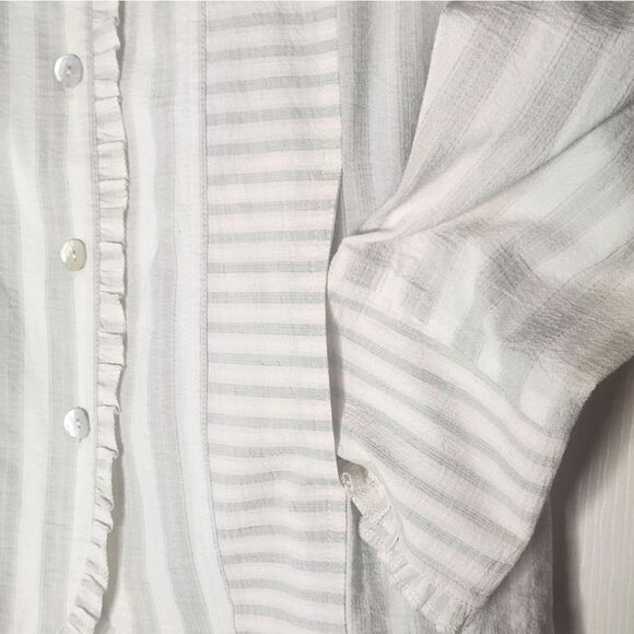 NWT Blast M Striped CreamSagePocketsRuffle LSlv ButtonUp LINEN Blend Women Shirt - Picture 7 of 8